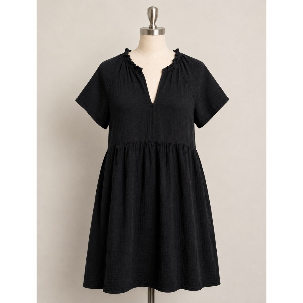 Old Navy Womens XL Black Cotton Gauze Ruffle Neck Babydoll Mini Dress Pockets